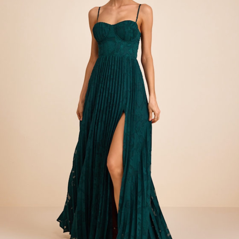 Lulus Dacie Emerald Floral Burnout Pleated Bustier Maxi Dress Green - Size M